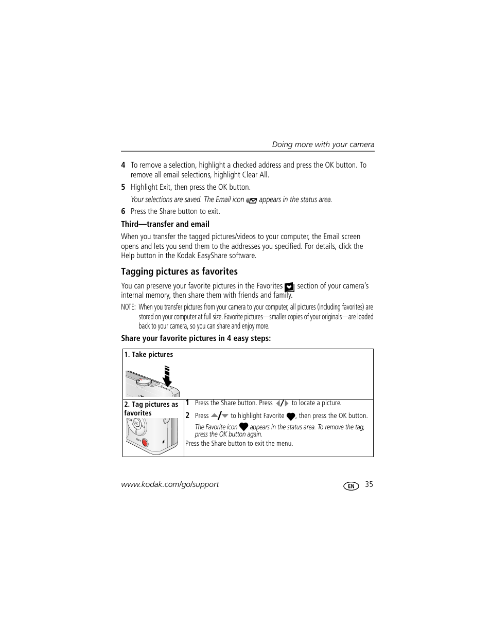 Third-transfer and email, Tagging pictures as favorites | Kodak C530 User Manual | Page 41 / 71