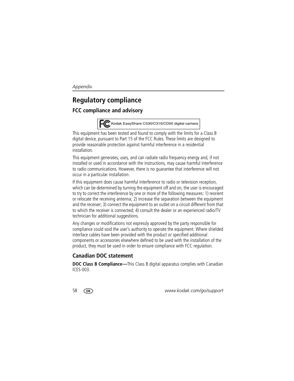 Regulatory compliance, Fcc compliance and advisory, Canadian doc statement | Kodak C530 User Manual | Page 64 / 71