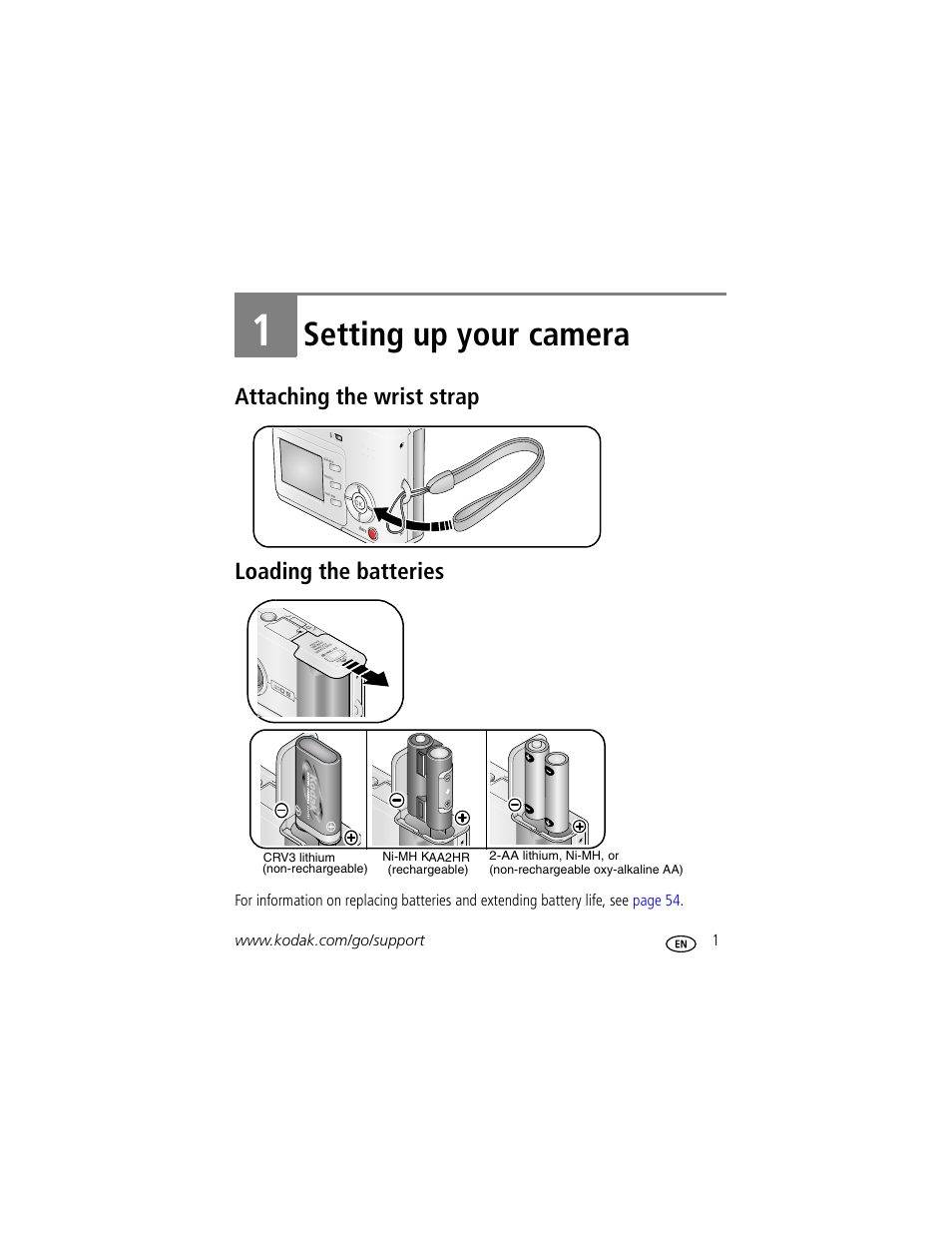 1setting up your camera, Attaching the wrist strap, Loading the batteries | 1 setting up your camera, Attaching the wrist strap loading the batteries, Setting up your camera | Kodak C530 User Manual | Page 7 / 71