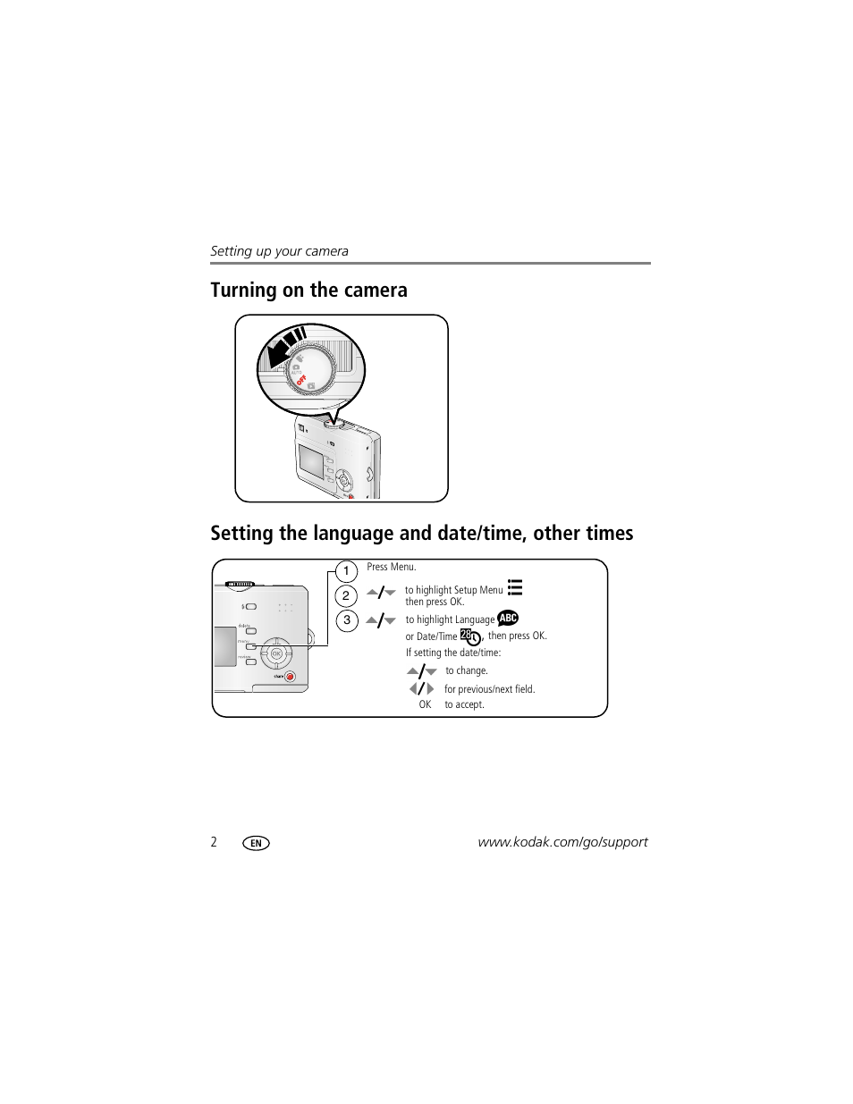 Turning on the camera, Setting the language and date/time, other times | Kodak C530 User Manual | Page 8 / 71