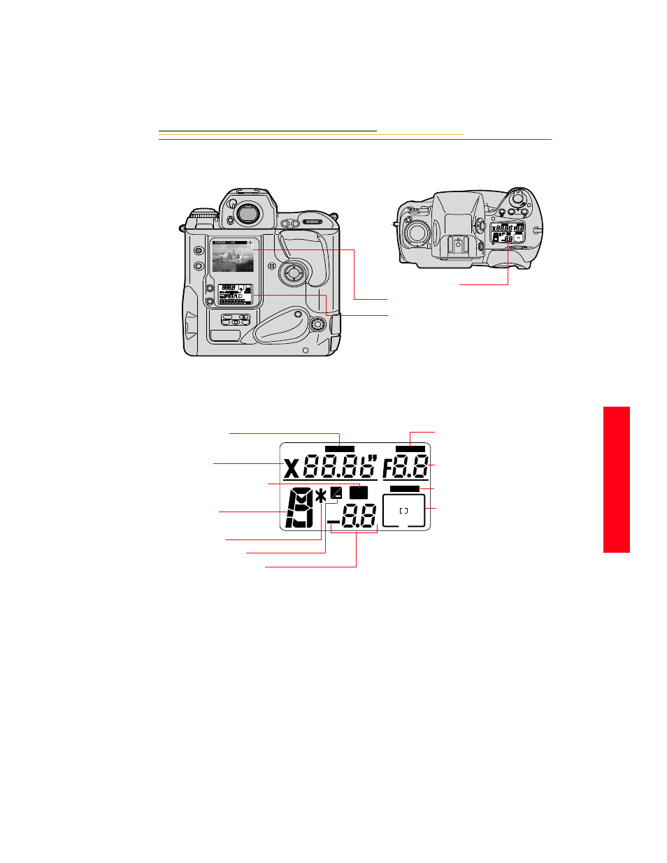 Lcd panels, Top status lcd, Lcd panels -9 | Top status lcd -9, Yo u r ca me ra, Rear slow auto, Bkt custom, Lock | Kodak DCS 700 User Manual | Page 36 / 270