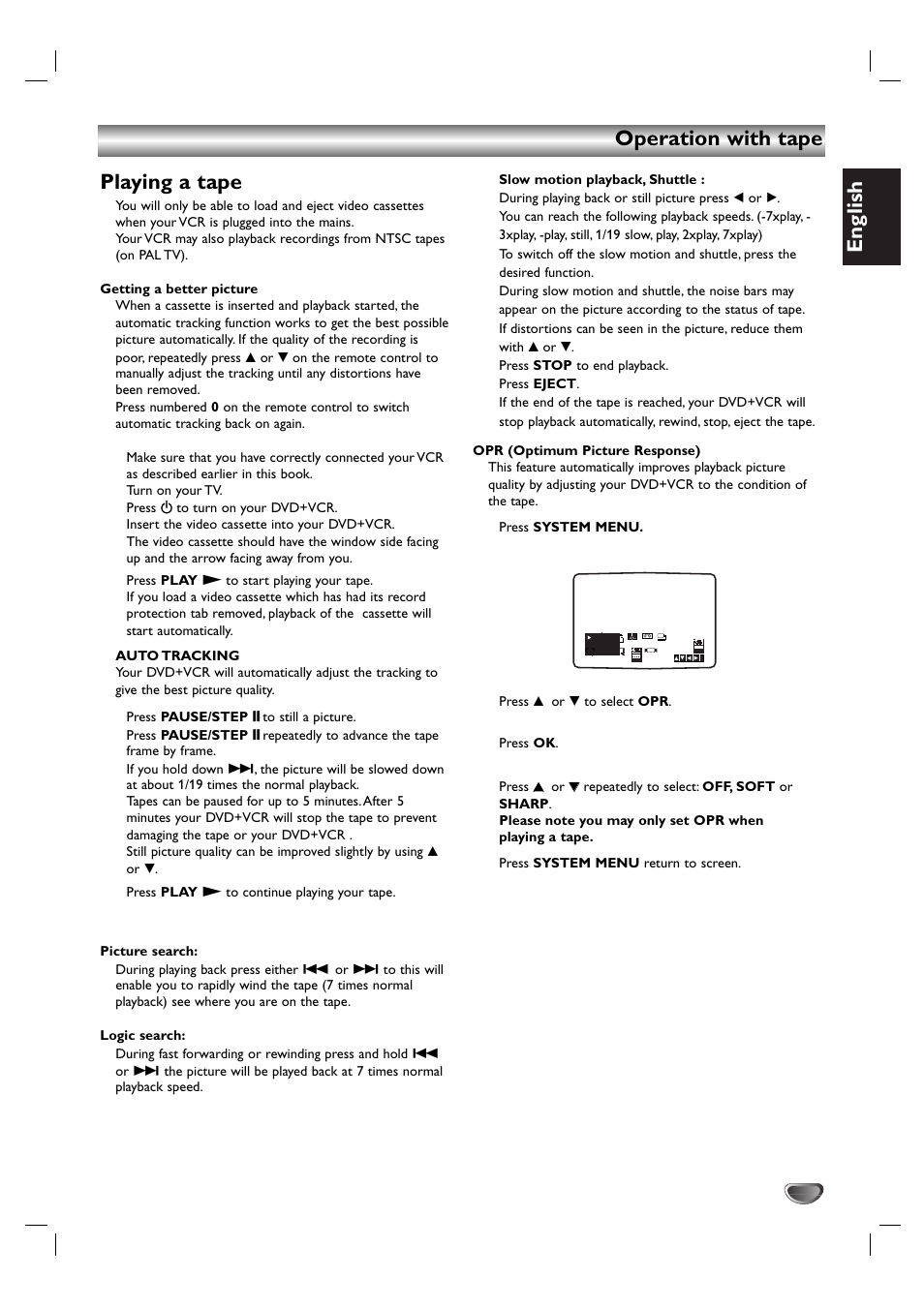English, Operation with tape playing a tape | Kodak DVD755VR/05 User Manual | Page 21 / 39