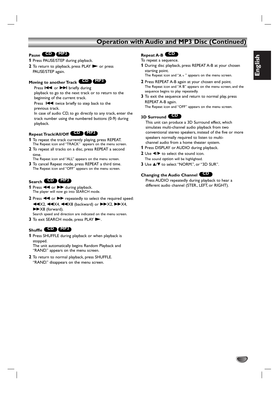 English, Operation with audio and mp3 disc (continued) | Kodak DVD755VR/05 User Manual | Page 29 / 39