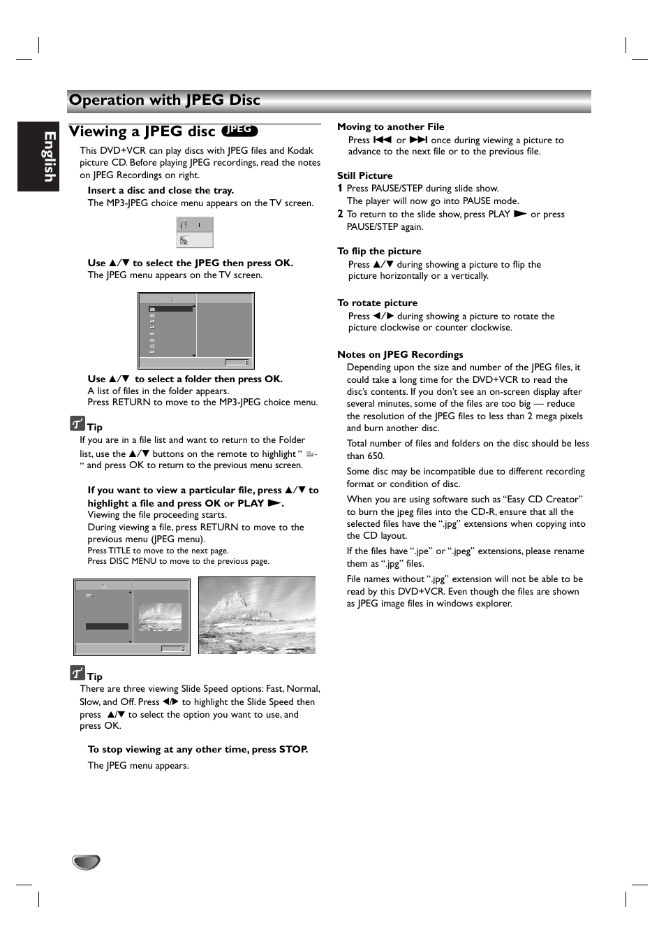 English, Operation with jpeg disc viewing a jpeg disc | Kodak DVD755VR/05 User Manual | Page 30 / 39