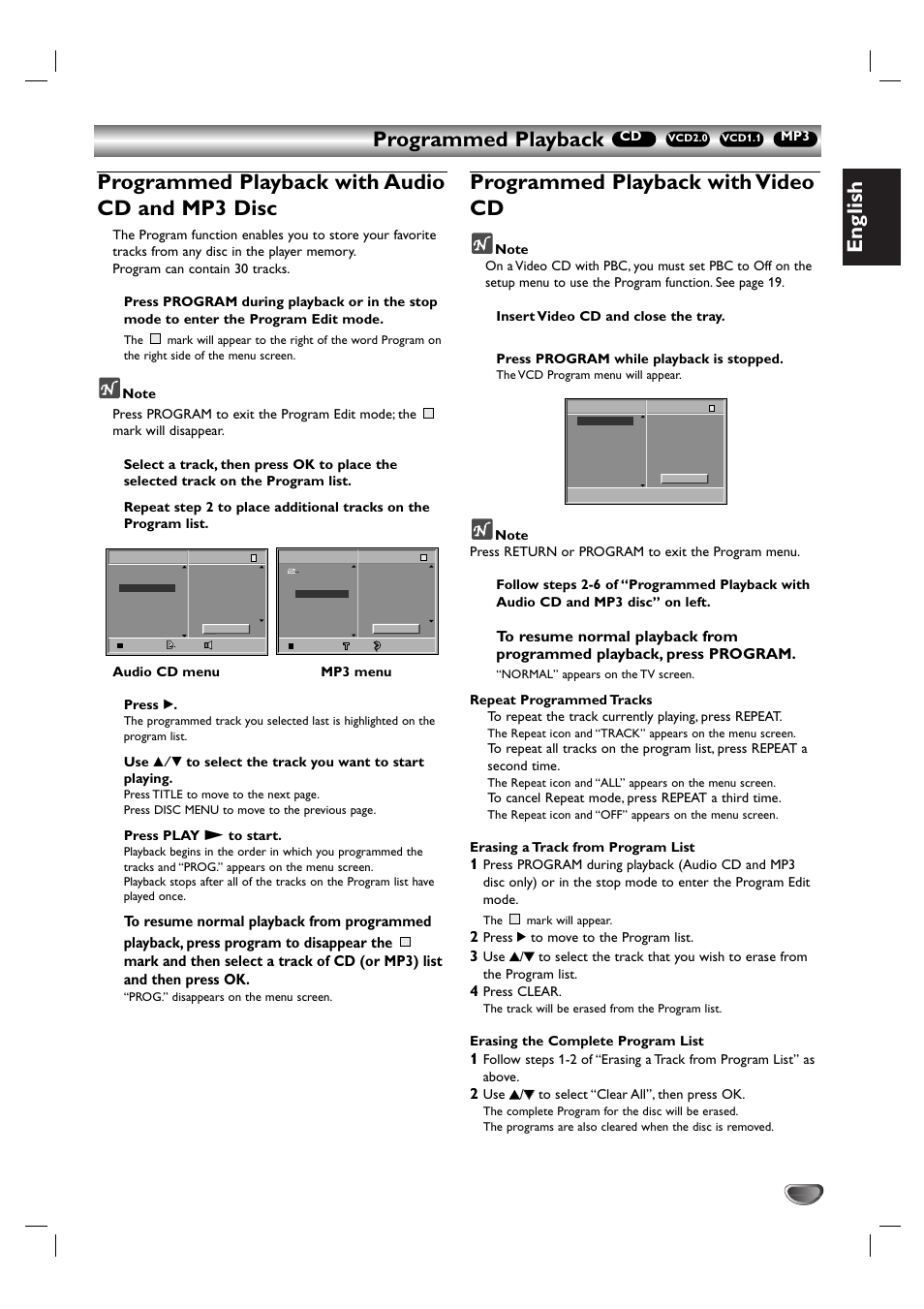 English, Programmed playback, Programmed playback with audio cd and mp3 disc | Programmed playback with video cd | Kodak DVD755VR/05 User Manual | Page 31 / 39