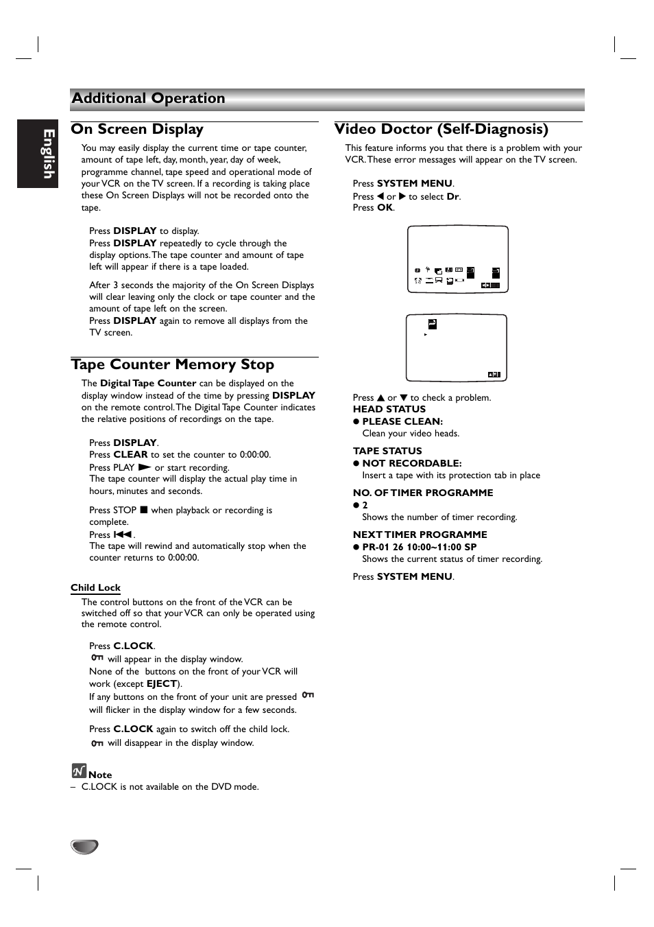 English, Additional operation on screen display, Video doctor (self-diagnosis) | Kodak DVD755VR/05 User Manual | Page 32 / 39