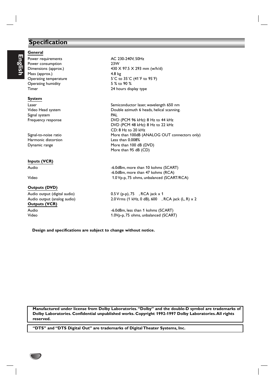 English, Specification | Kodak DVD755VR/05 User Manual | Page 38 / 39