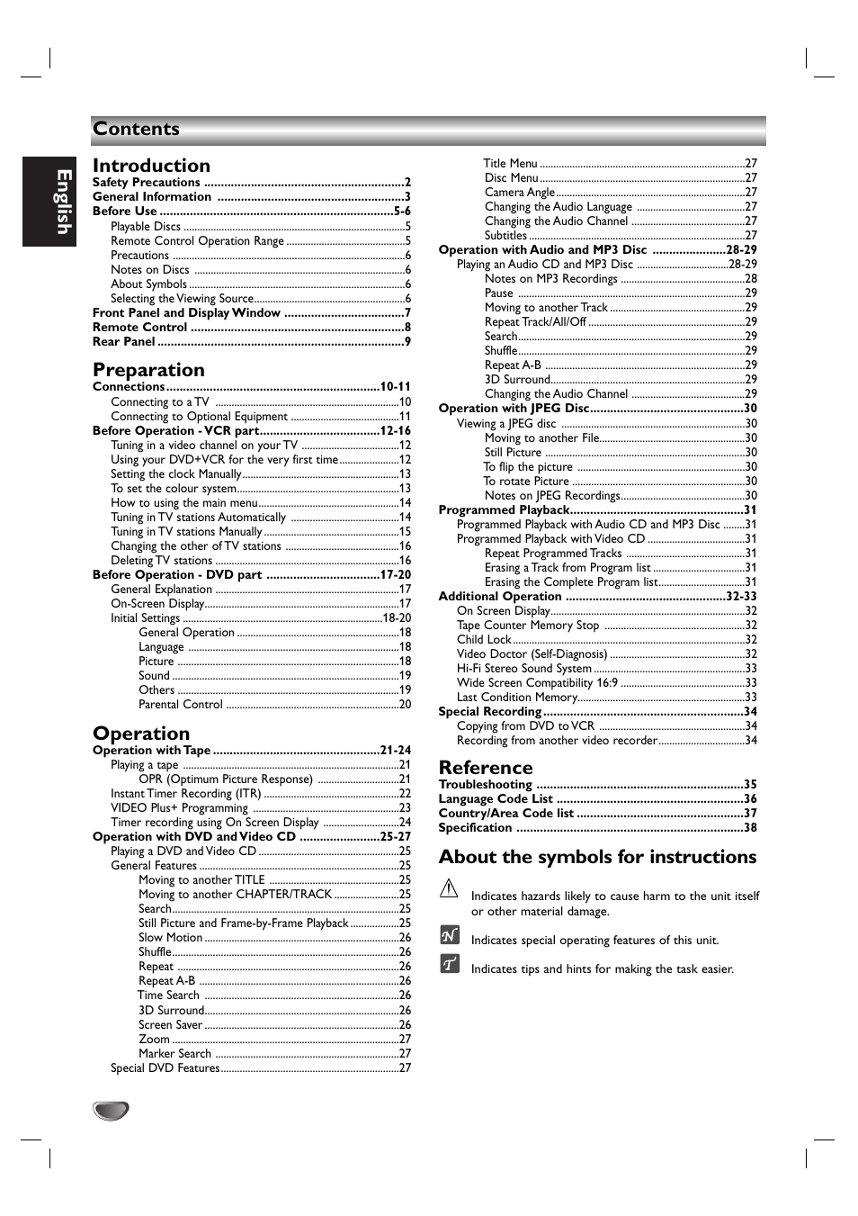 English, Contents introduction, Preparation | Operation, Reference, About the symbols for instructions | Kodak DVD755VR/05 User Manual | Page 4 / 39