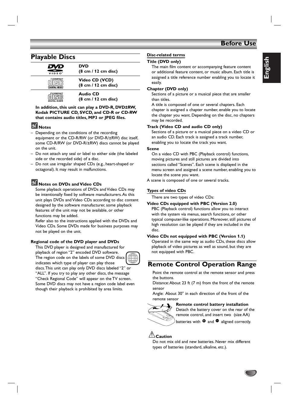 English, Before use playable discs, Remote control operation range | Kodak DVD755VR/05 User Manual | Page 5 / 39