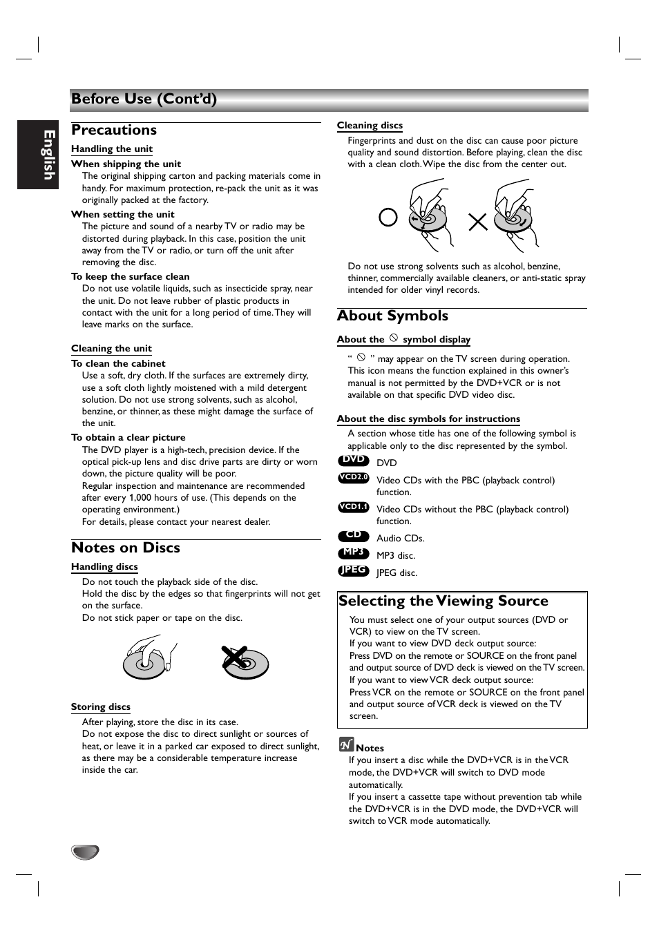 English, Before use (cont’d) precautions, About symbols | Selecting the viewing source | Kodak DVD755VR/05 User Manual | Page 6 / 39