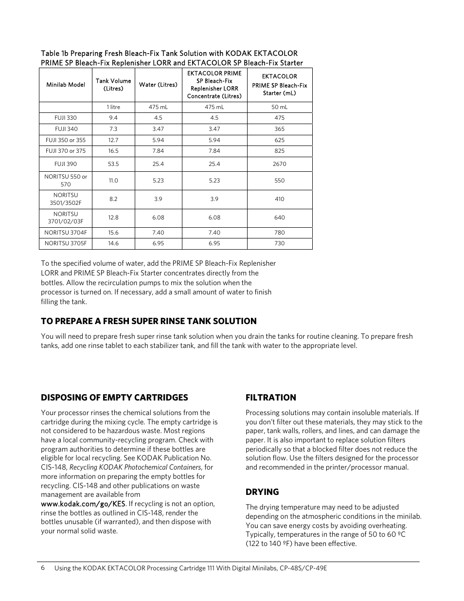 Disposing of empty cartridges, Filtration, Drying | Kodak CP-48S User Manual | Page 6 / 12