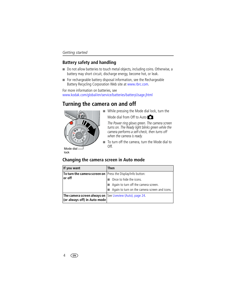 Battery safety and handling, Turning the camera on and off, Changing the camera screen in auto mode | Kodak DX7630 User Manual | Page 10 / 67
