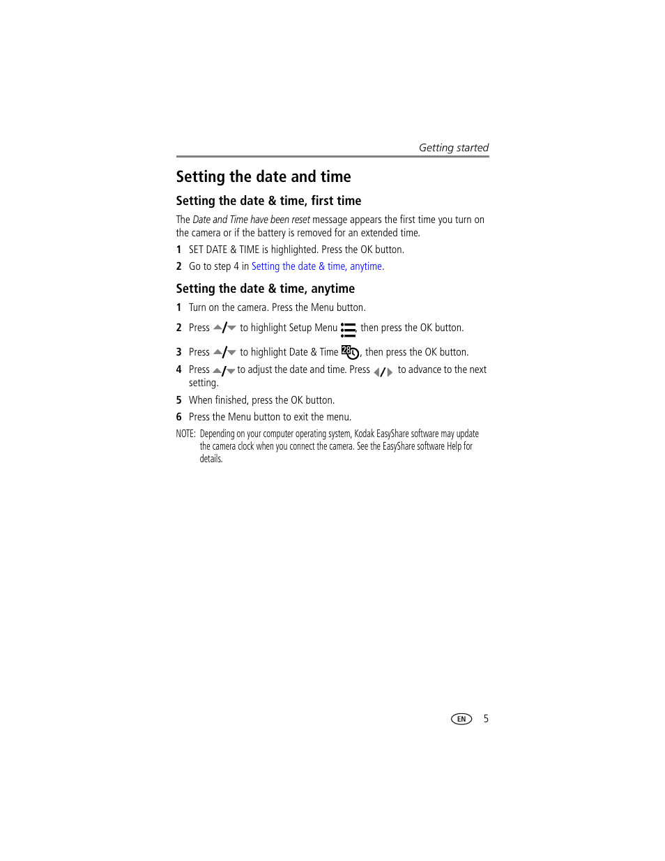 Setting the date and time, Setting the date & time, first time, Setting the date & time, anytime | Kodak DX7630 User Manual | Page 11 / 67