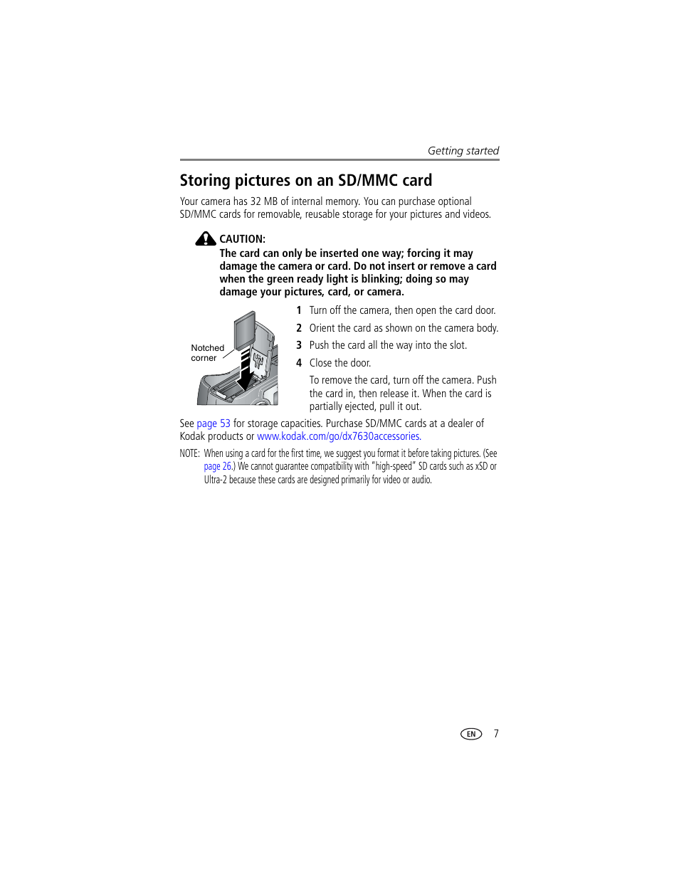 Storing pictures on an sd/mmc card | Kodak DX7630 User Manual | Page 13 / 67