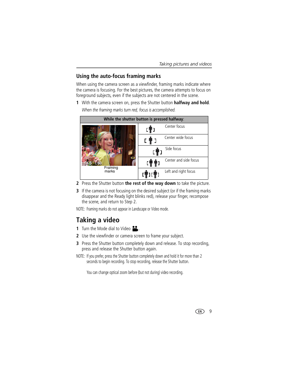 Using the auto-focus framing marks, Taking a video | Kodak DX7630 User Manual | Page 15 / 67