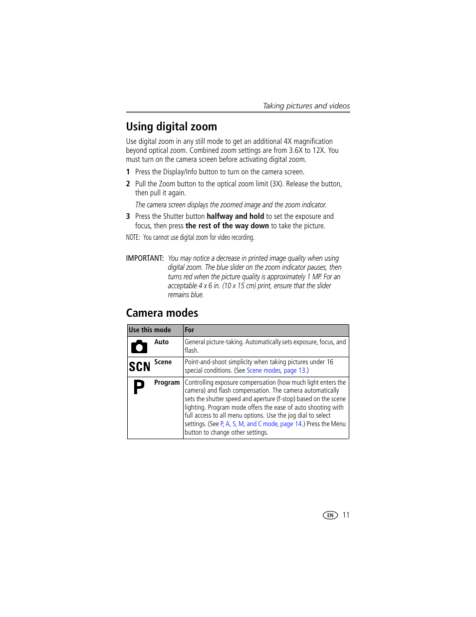 Using digital zoom, Camera modes, Using digital zoom camera modes | For other mode | Kodak DX7630 User Manual | Page 17 / 67