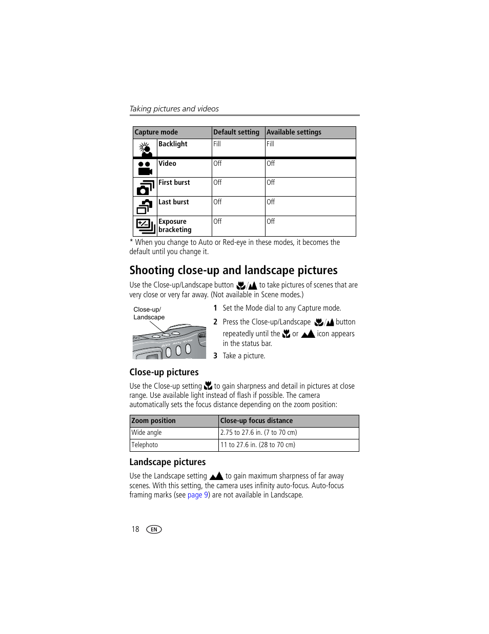 Shooting close-up and landscape pictures, Close-up pictures, Landscape pictures | Kodak DX7630 User Manual | Page 24 / 67