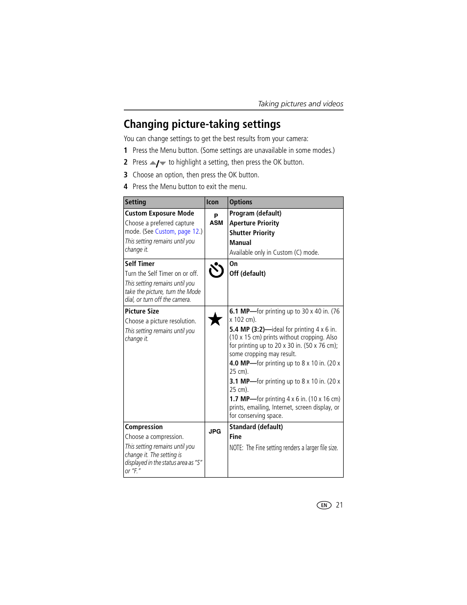 Changing picture-taking settings | Kodak DX7630 User Manual | Page 27 / 67