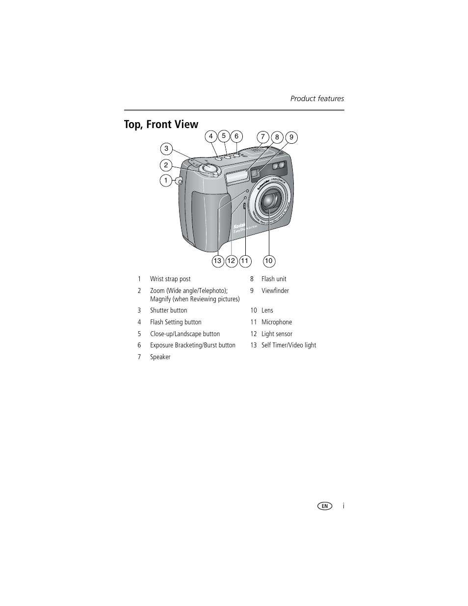 Product features, Top, front view | Kodak DX7630 User Manual | Page 3 / 67