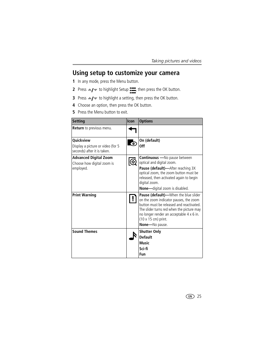 Using setup to customize your camera | Kodak DX7630 User Manual | Page 31 / 67