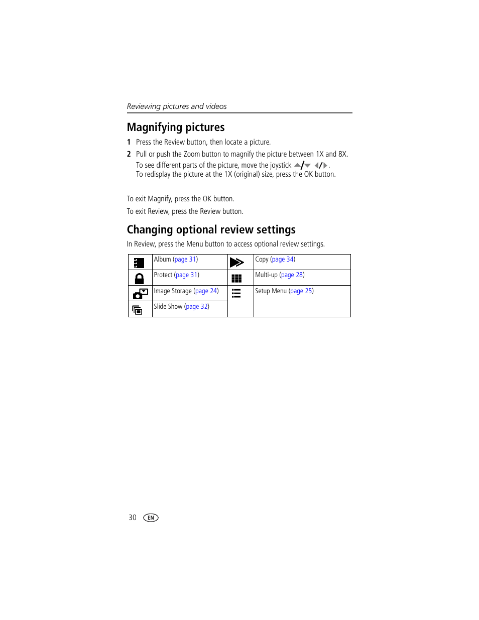 Magnifying pictures, Changing optional review settings | Kodak DX7630 User Manual | Page 36 / 67