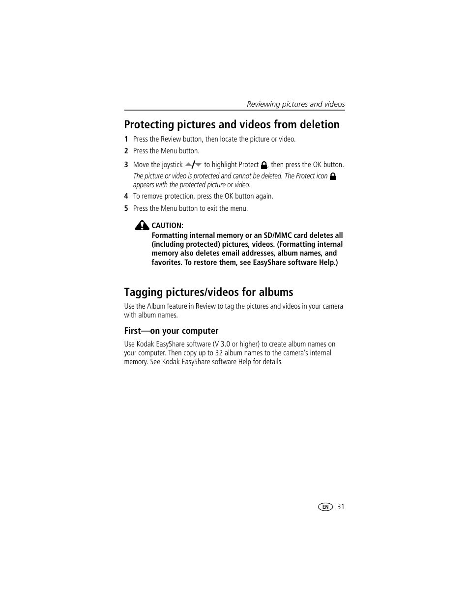 Protecting pictures and videos from deletion, Tagging pictures/videos for albums, First-on your computer | Kodak DX7630 User Manual | Page 37 / 67