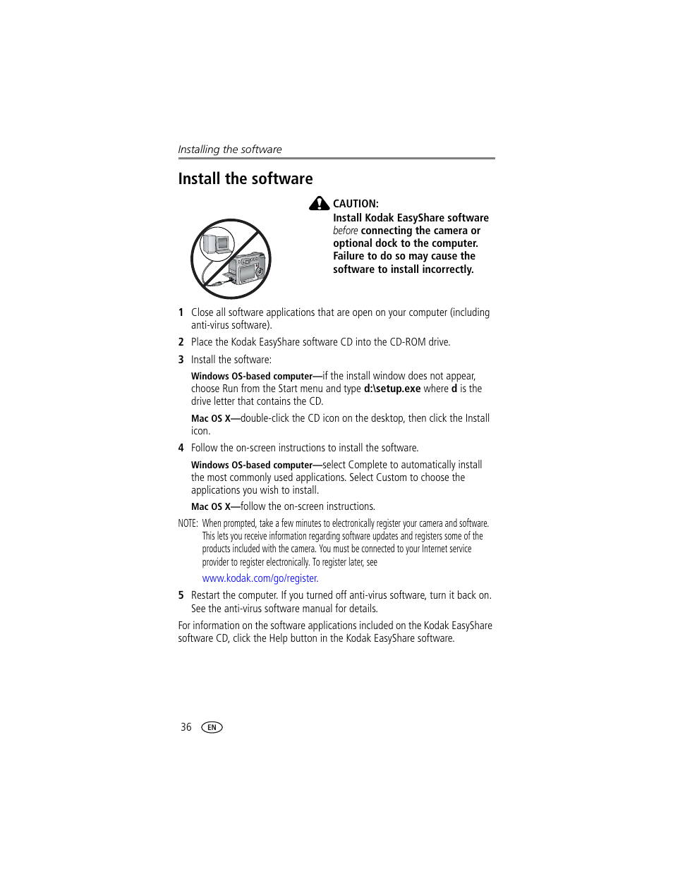 Install the software | Kodak DX7630 User Manual | Page 42 / 67