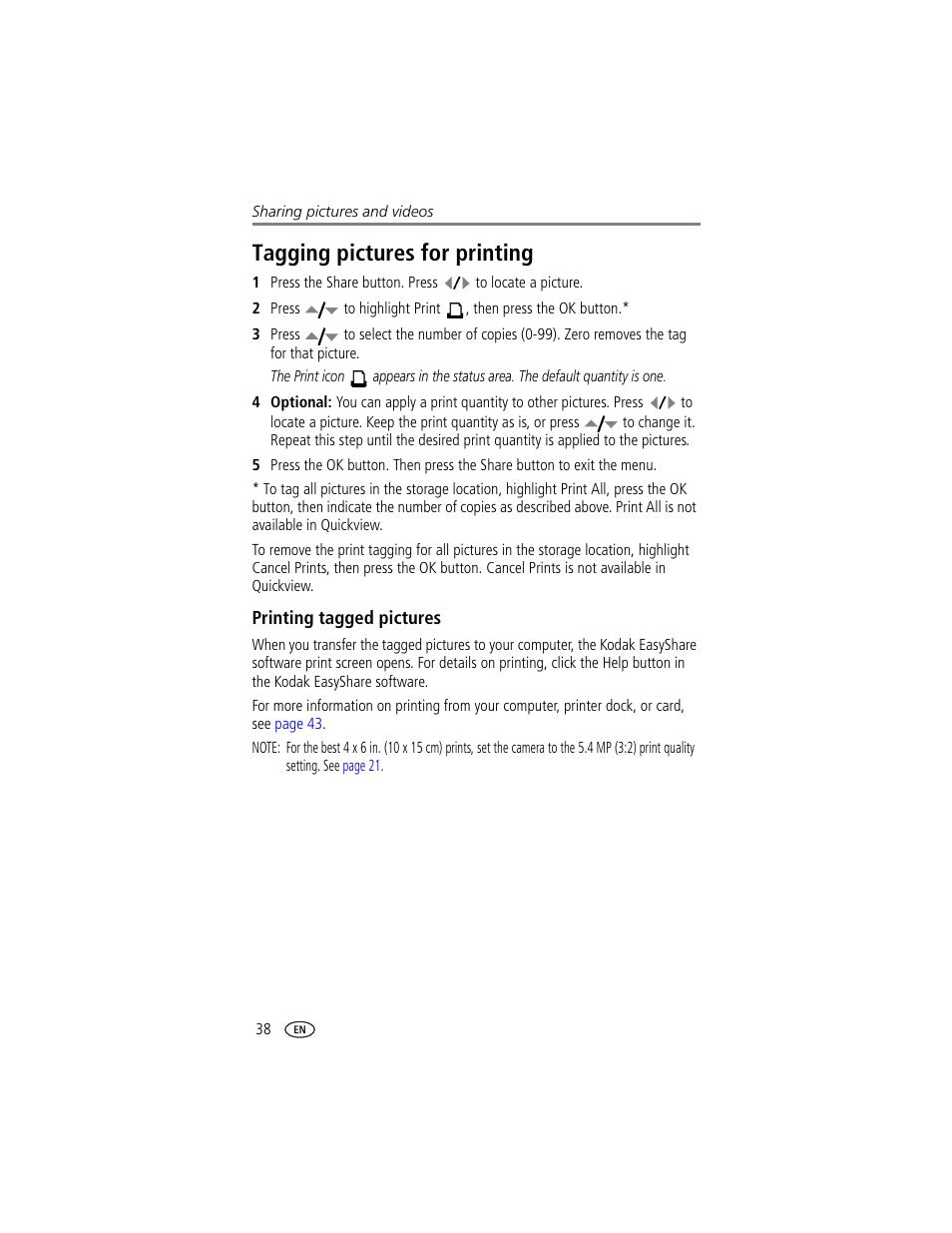 Tagging pictures for printing, Printing tagged pictures | Kodak DX7630 User Manual | Page 44 / 67