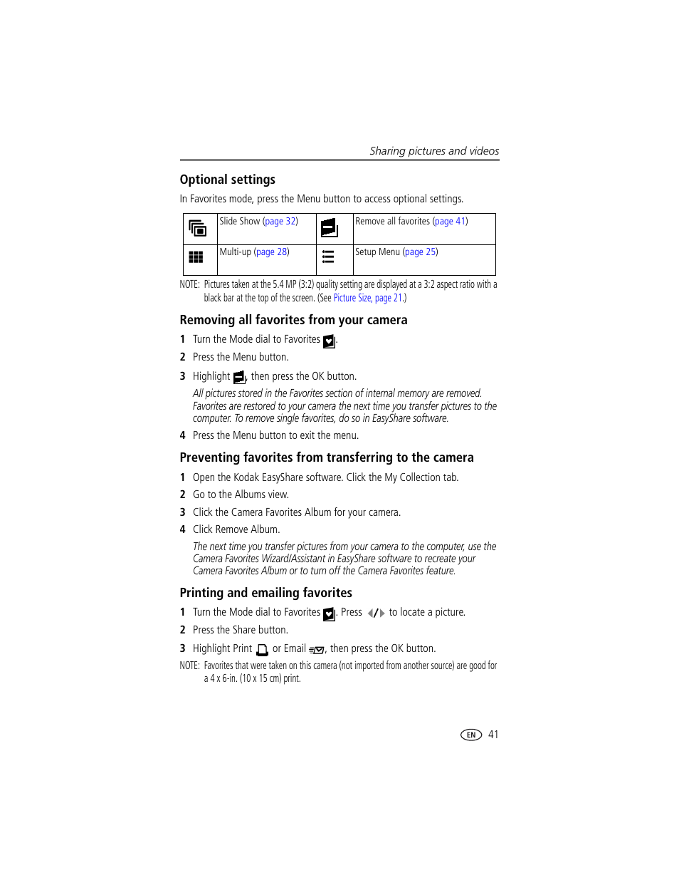Optional settings, Removing all favorites from your camera, Printing and emailing favorites | Kodak DX7630 User Manual | Page 47 / 67