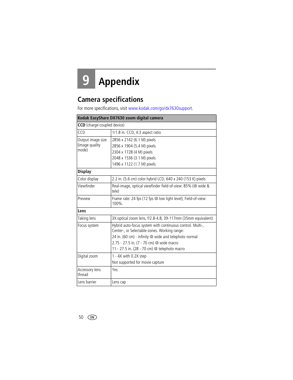 Appendix, Camera specifications, 9 appendix | Kodak DX7630 User Manual | Page 56 / 67