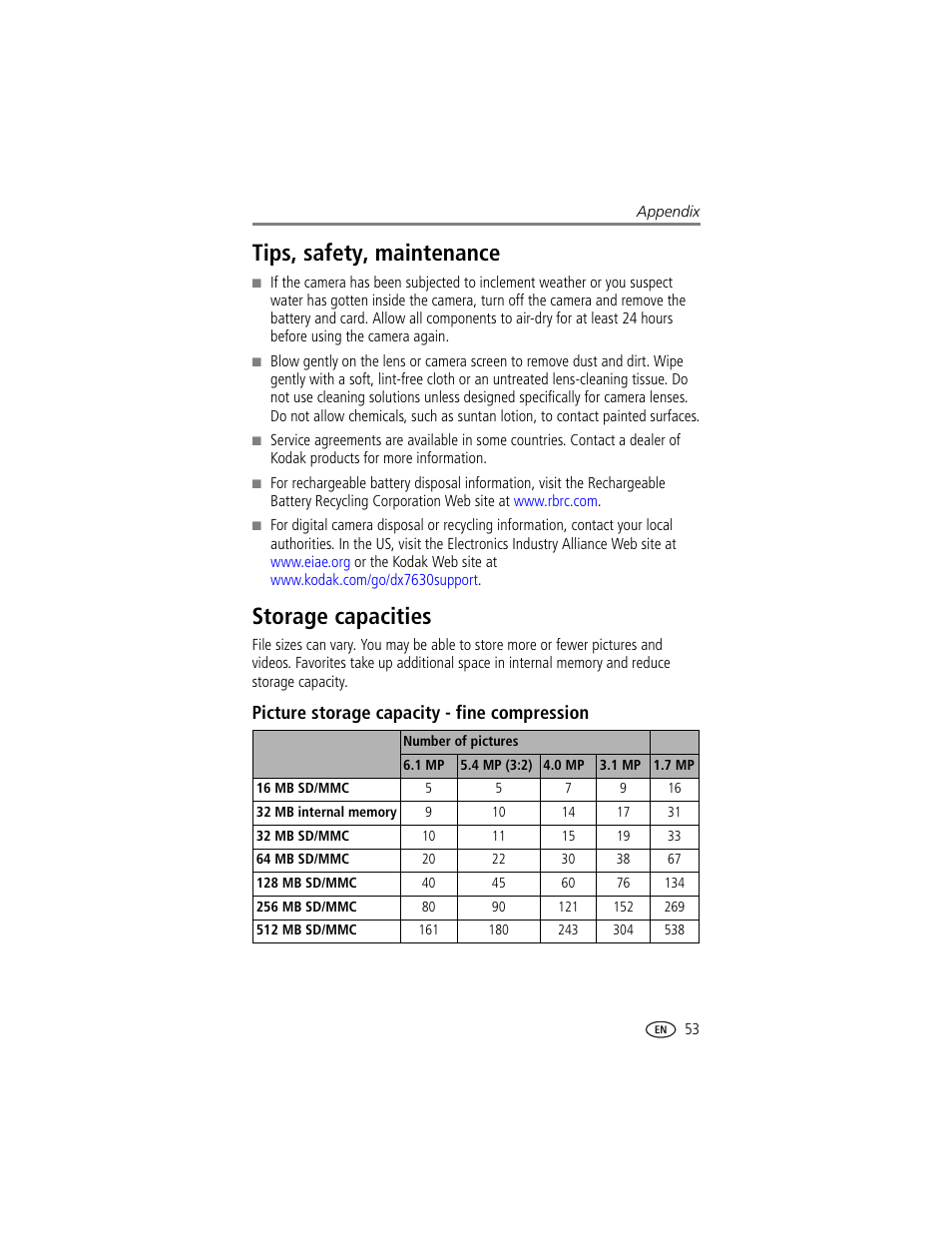 Tips, safety, maintenance, Storage capacities, Picture storage capacity - fine compression | Tips, safety, maintenance storage capacities | Kodak DX7630 User Manual | Page 59 / 67