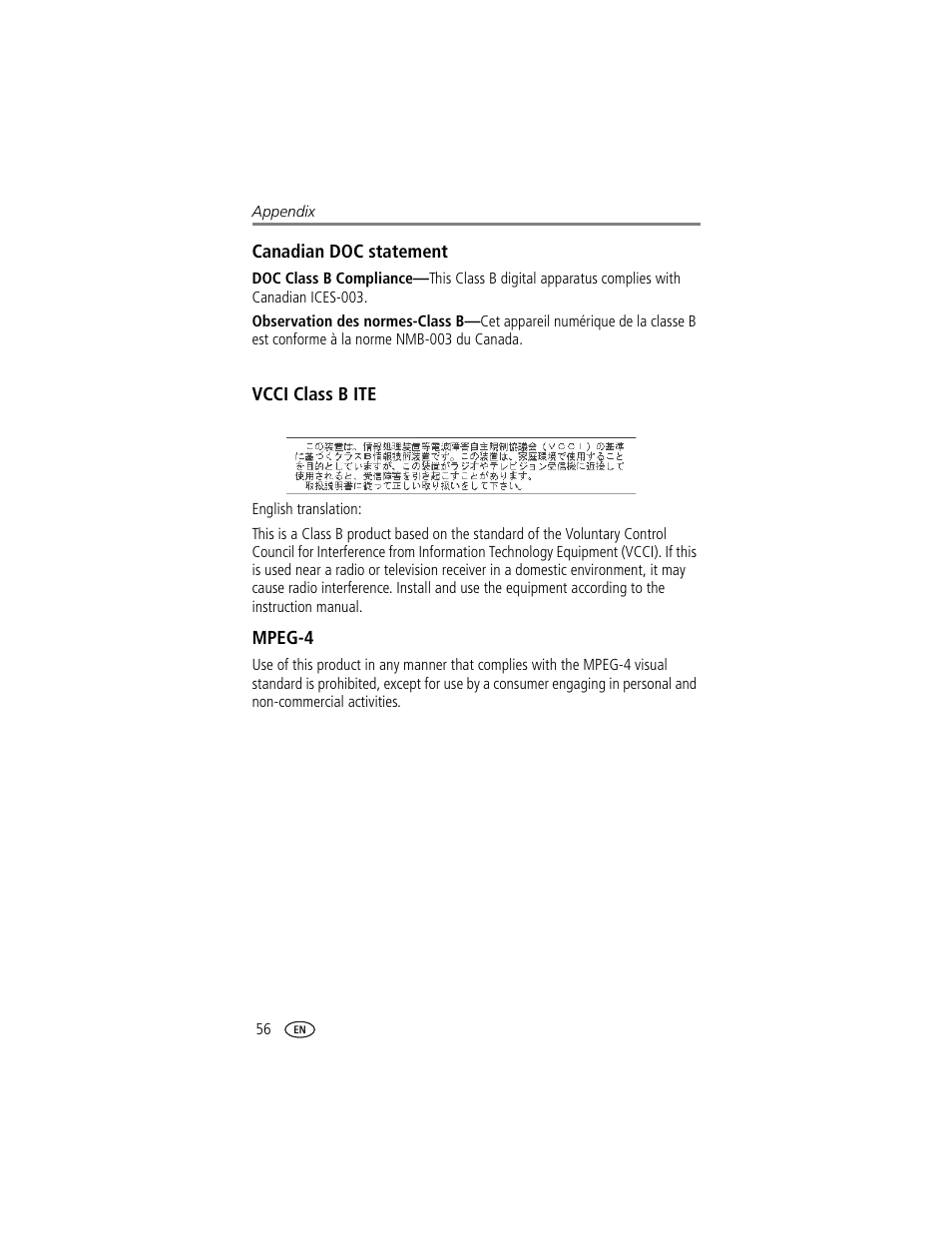 Canadian doc statement, Vcci class b ite, Mpeg-4 | Kodak DX7630 User Manual | Page 62 / 67