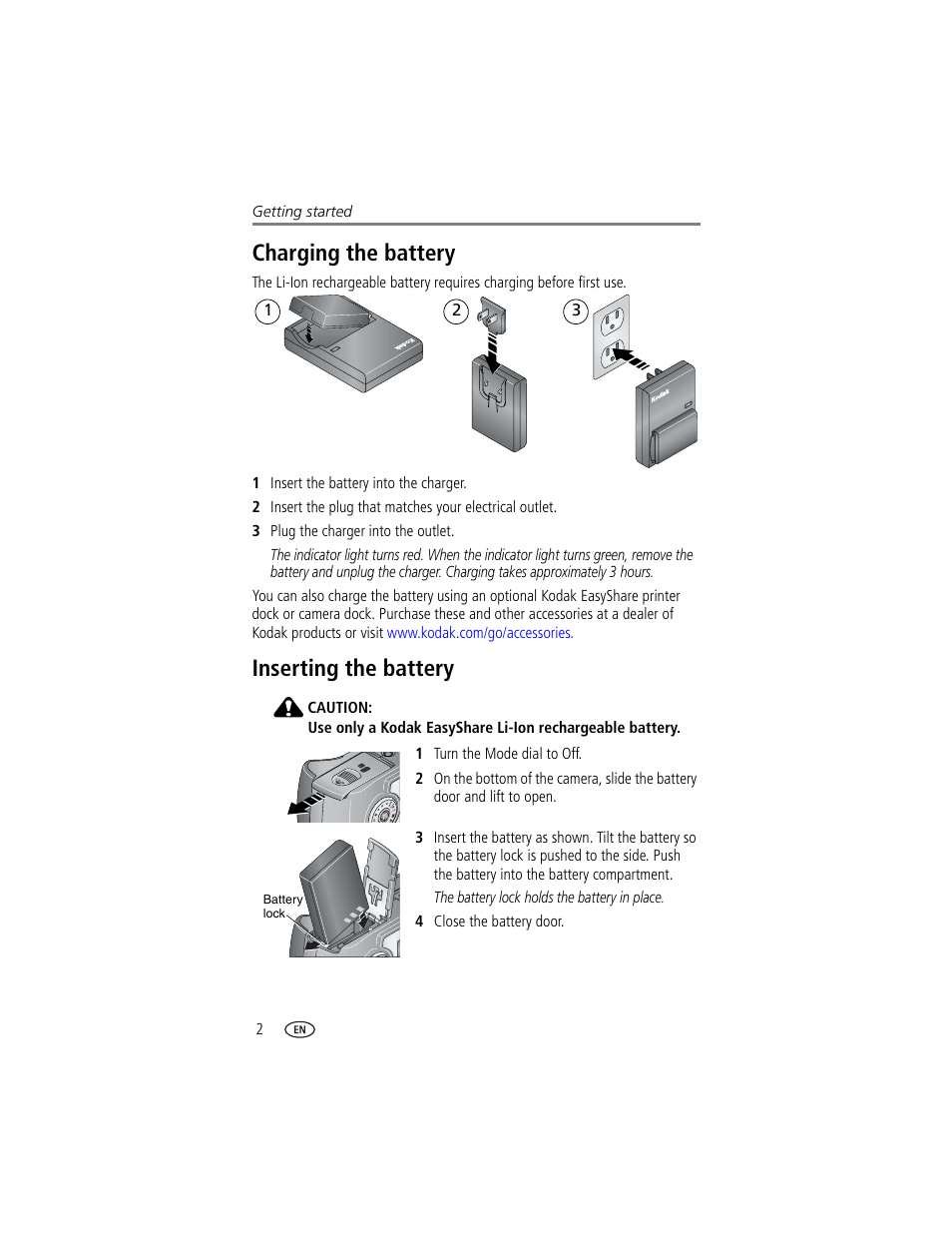 Charging the battery, Inserting the battery, Charging the battery inserting the battery | Kodak DX7630 User Manual | Page 8 / 67