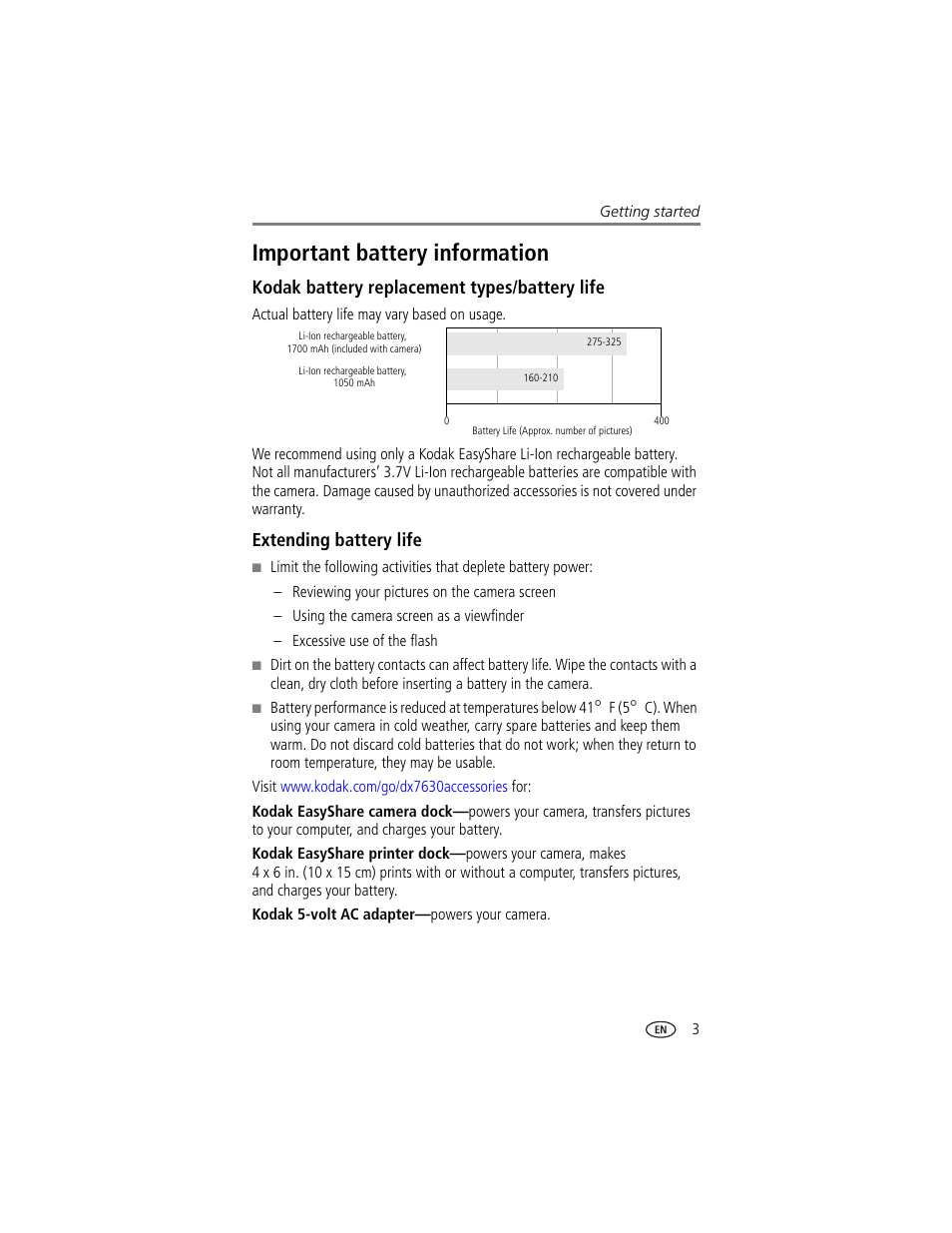 Important battery information, Kodak battery replacement types/battery life, Extending battery life | Kodak DX7630 User Manual | Page 9 / 67