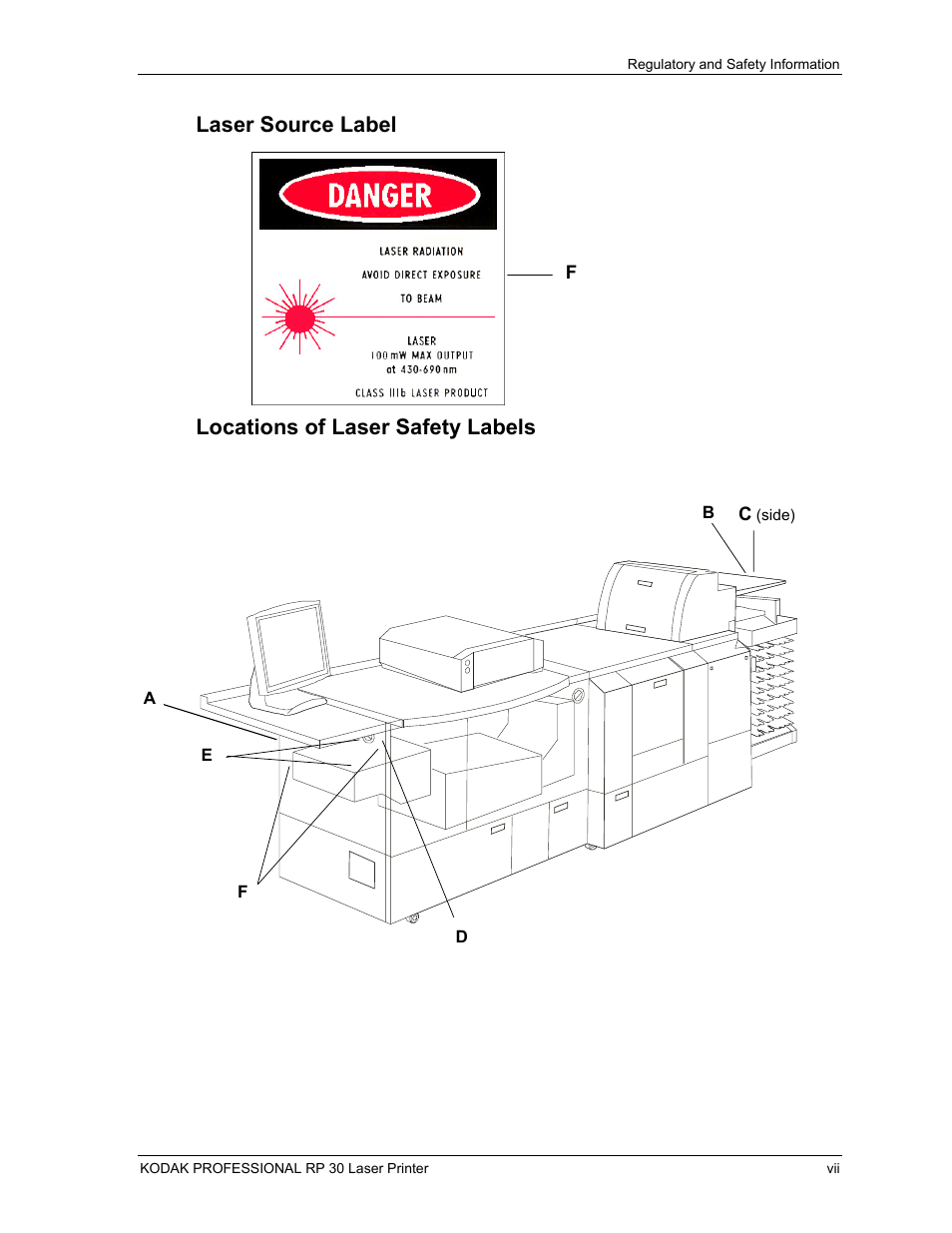 Laser source label, Locations of laser safety labels | Kodak RP 30 User Manual | Page 10 / 235