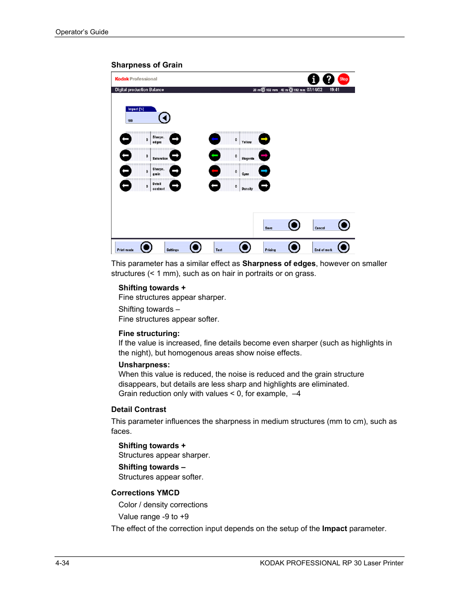 Sharpness of grain, Detail contrast, Corrections ymcd | Sharpness of grain -34, Detail contrast -34, Corrections ymcd -34 | Kodak RP 30 User Manual | Page 101 / 235