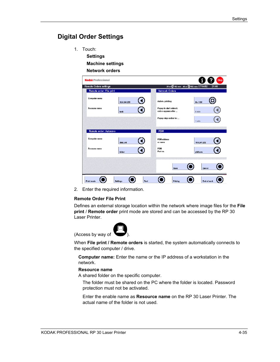 Digital order settings, Remote order file print, Digital order settings -35 | Remote order file print -35 | Kodak RP 30 User Manual | Page 102 / 235