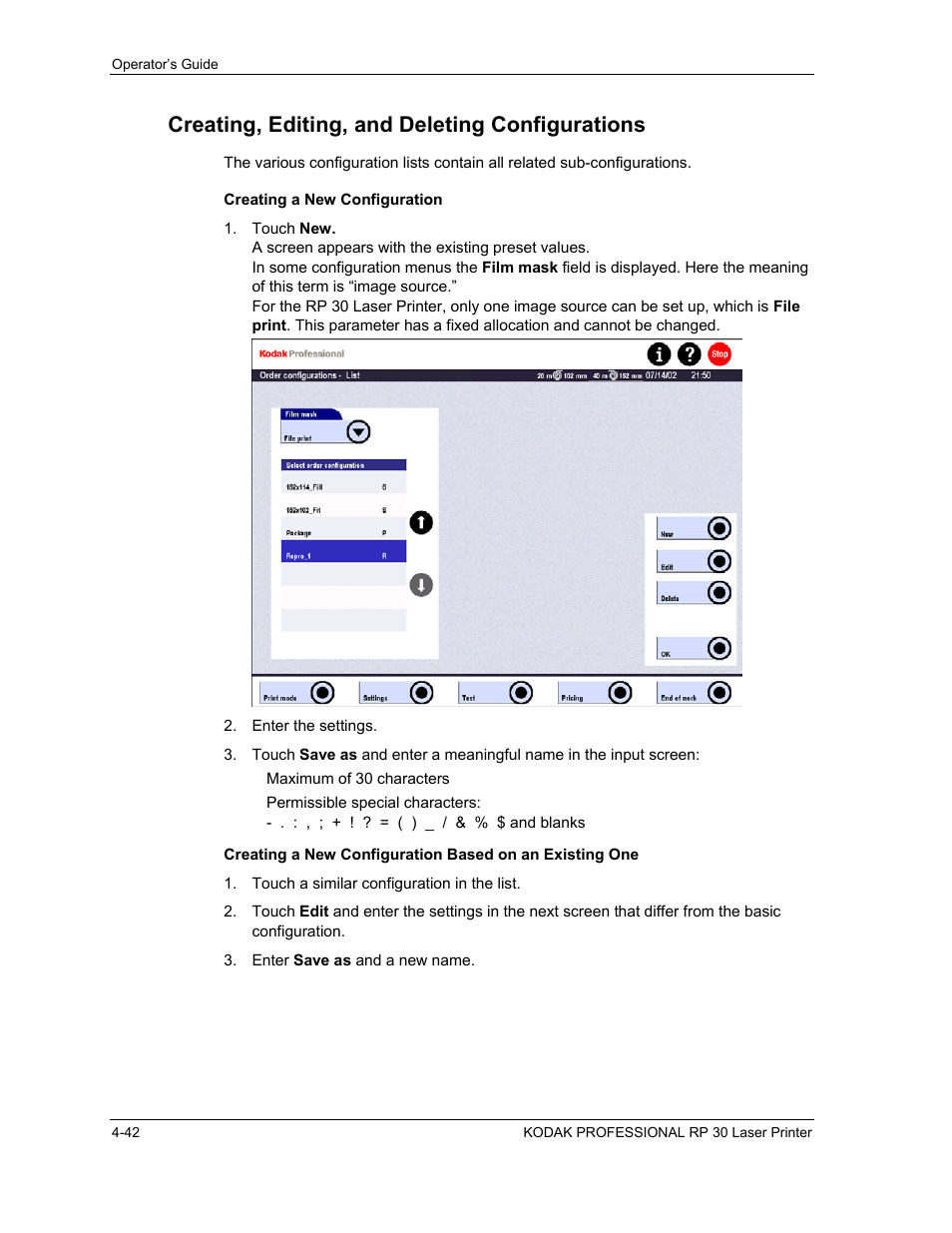 Creating, editing, and deleting configurations, Creating a new configuration, Creating, editing, and deleting configurations -42 | Creating a new configuration -42 | Kodak RP 30 User Manual | Page 109 / 235