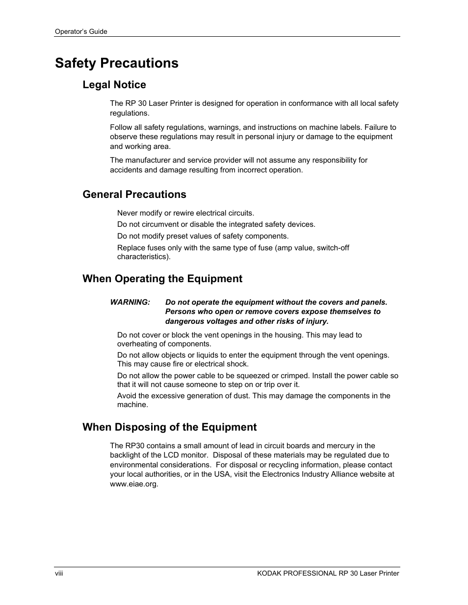 Safety precautions, Legal notice, General precautions | When operating the equipment, When disposing of the equipment | Kodak RP 30 User Manual | Page 11 / 235