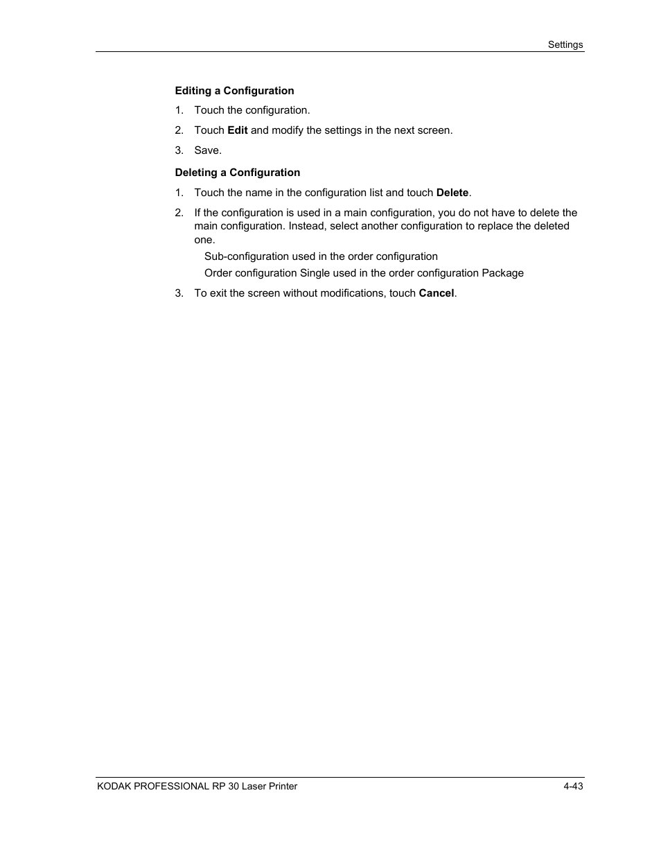 Editing a configuration, Deleting a configuration, Editing a configuration -43 | Deleting a configuration -43 | Kodak RP 30 User Manual | Page 110 / 235