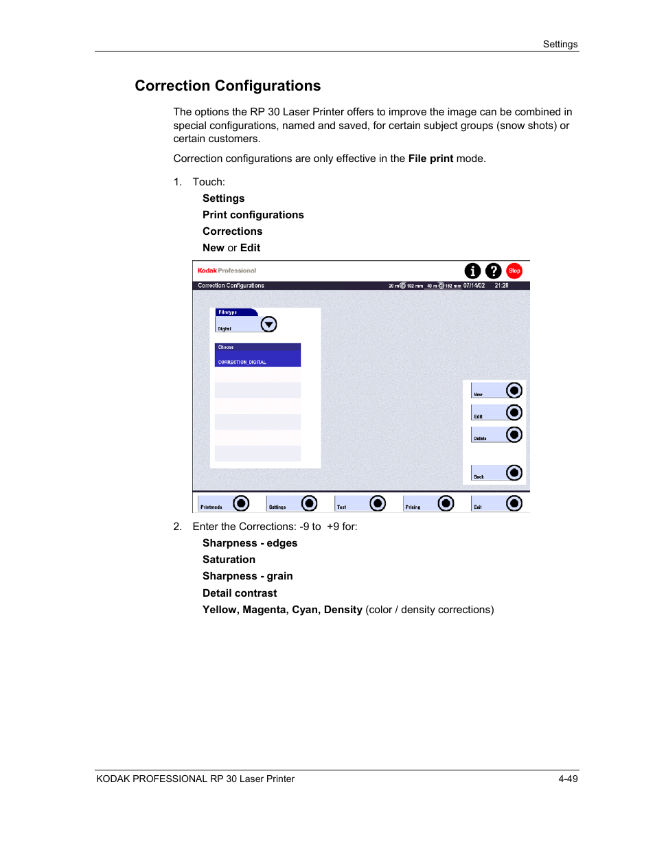 Correction configurations, Correction configurations -49 | Kodak RP 30 User Manual | Page 116 / 235