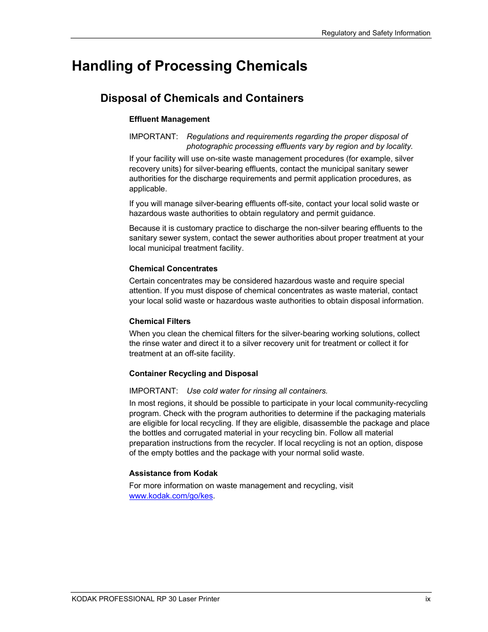 Handling of processing chemicals, Disposal of chemicals and containers, Effluent management | Chemical concentrates, Chemical filters, Container recycling and disposal, Assistance from kodak | Kodak RP 30 User Manual | Page 12 / 235