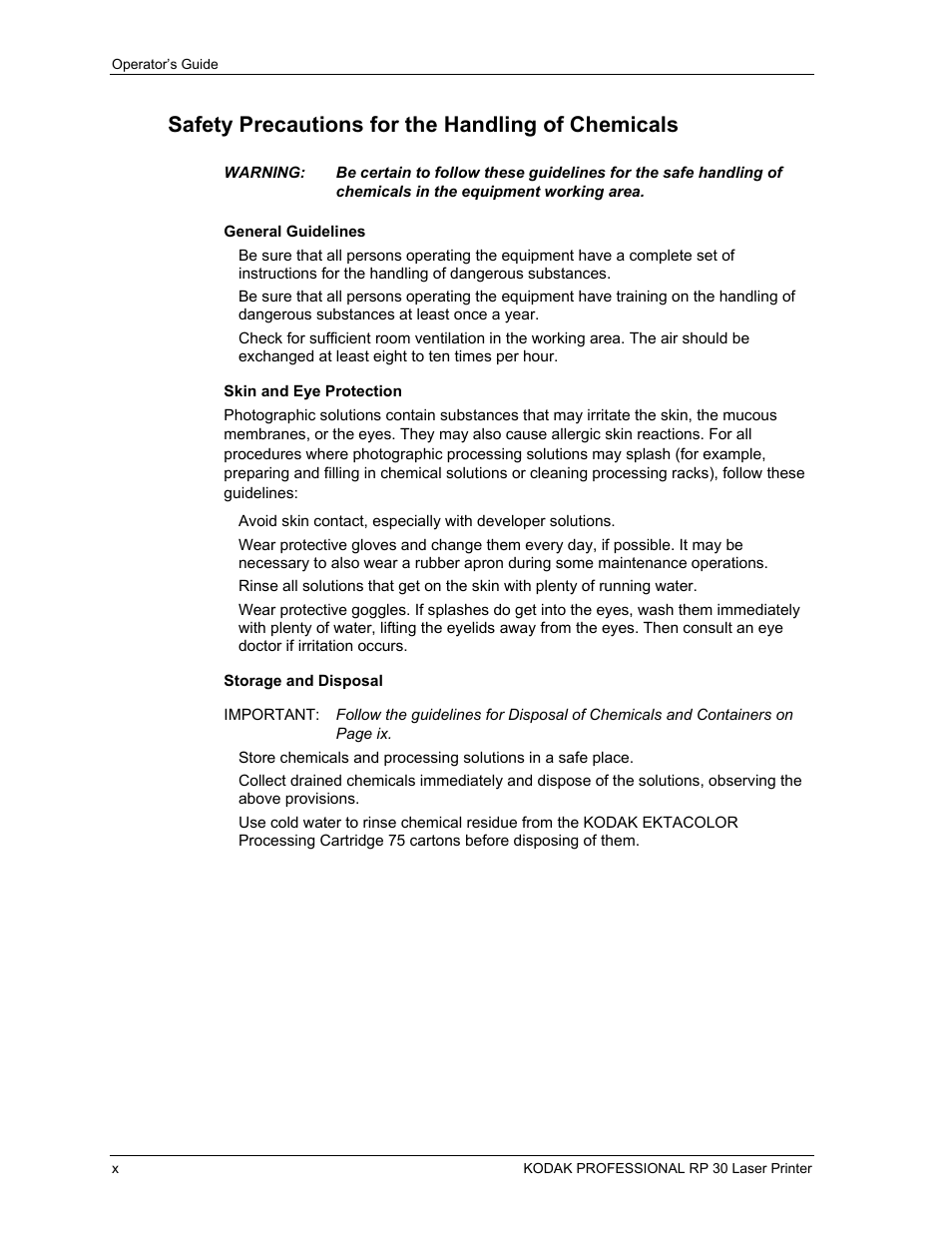 Safety precautions for the handling of chemicals, General guidelines, Skin and eye protection | Storage and disposal | Kodak RP 30 User Manual | Page 13 / 235