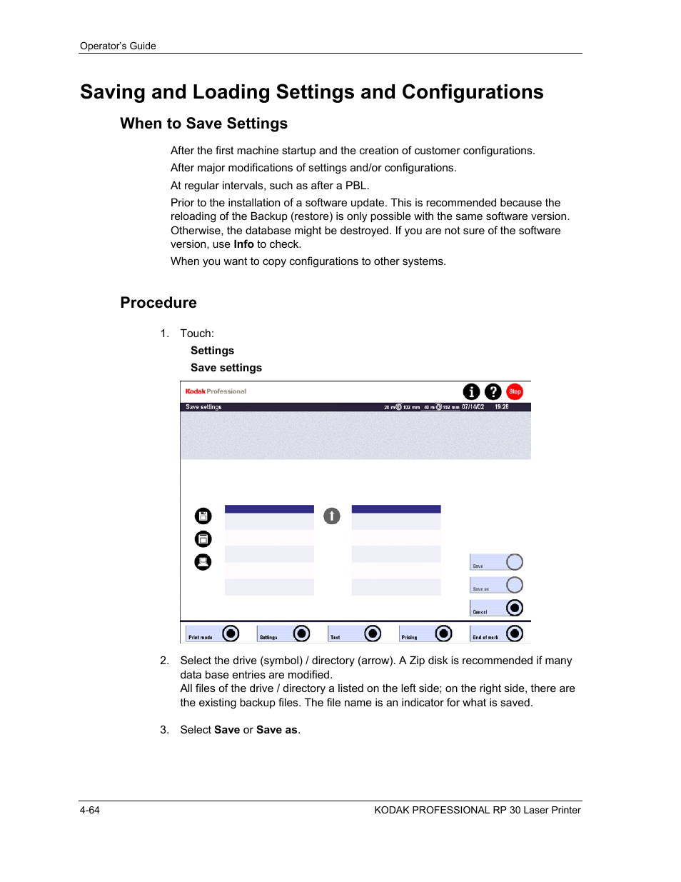 Saving and loading settings and configurations, When to save settings, Procedure | Saving and loading settings and configurations -64, When to save settings -64, Procedure -64 | Kodak RP 30 User Manual | Page 131 / 235