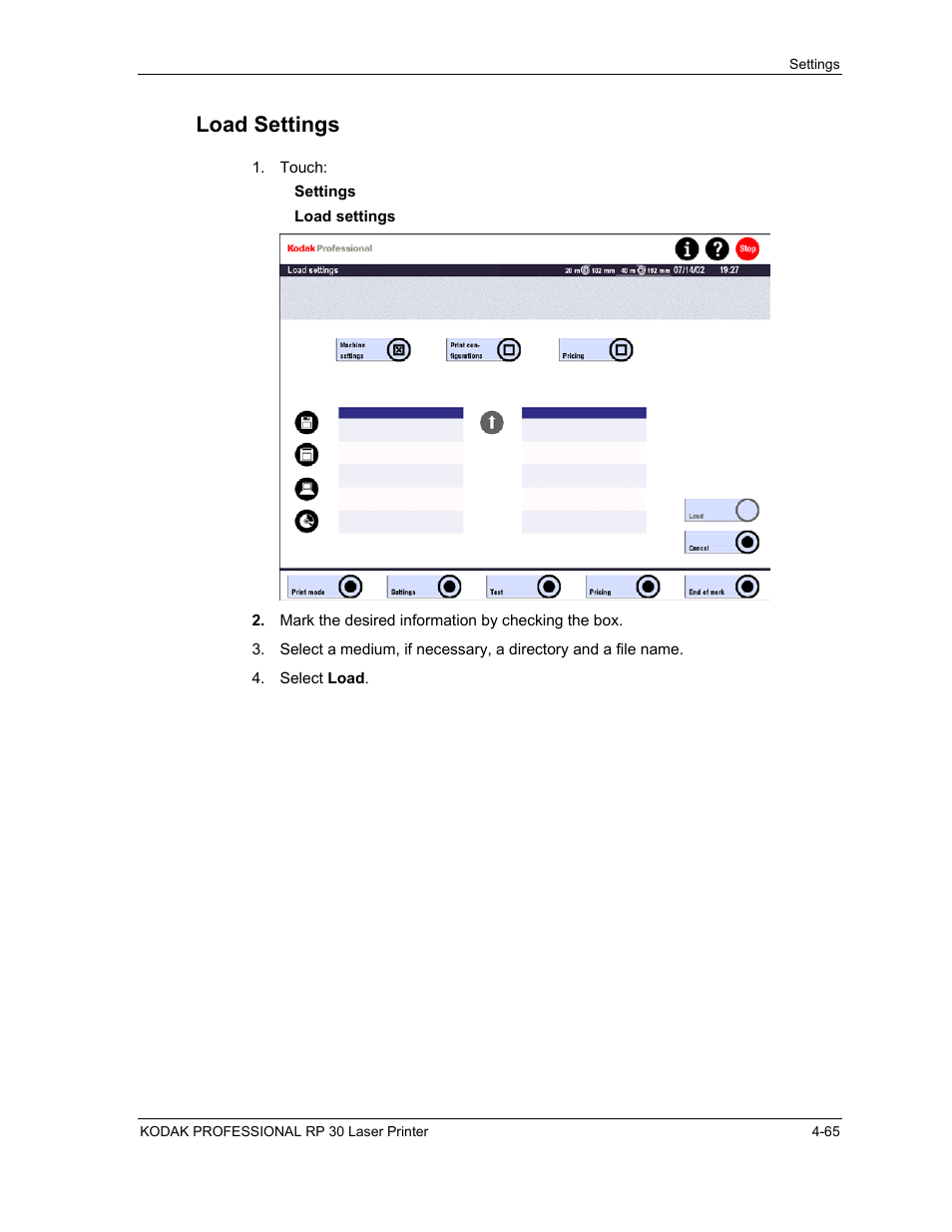 Load settings, Load settings -65 | Kodak RP 30 User Manual | Page 132 / 235