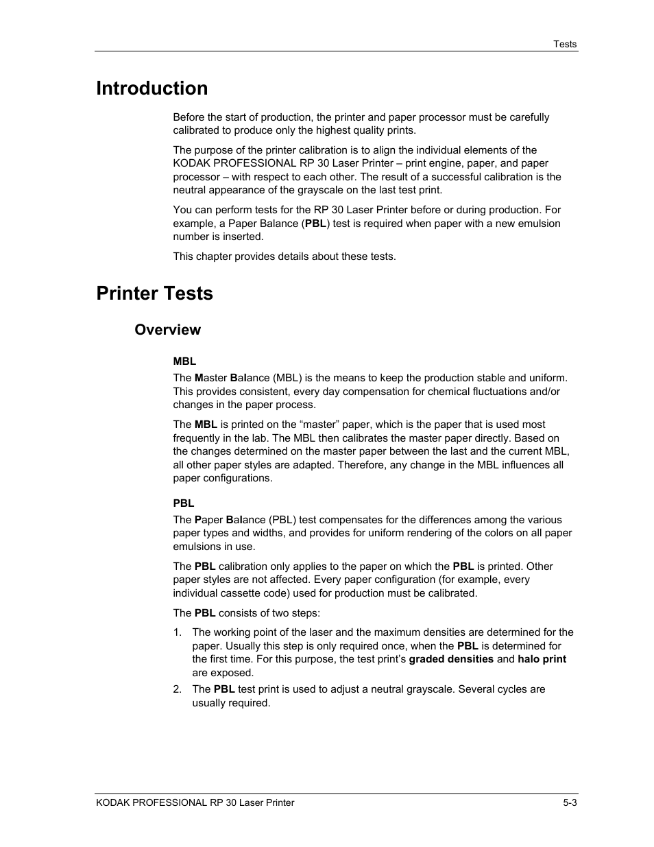 Introduction, Printer tests, Overview | Introduction -3, Printer tests -3, Overview -3, Mbl -3, Pbl -3 | Kodak RP 30 User Manual | Page 135 / 235