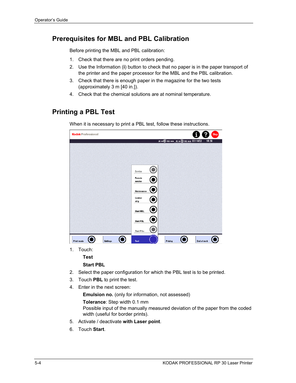 Prerequisites for mbl and pbl calibration, Printing a pbl test, Prerequisites for mbl and pbl calibration -4 | Printing a pbl test -4 | Kodak RP 30 User Manual | Page 136 / 235