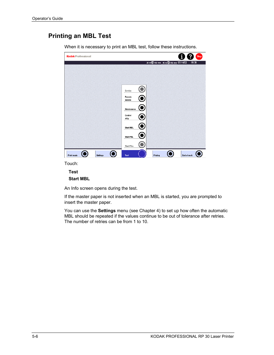 Printing an mbl test, Printing an mbl test -6 | Kodak RP 30 User Manual | Page 138 / 235