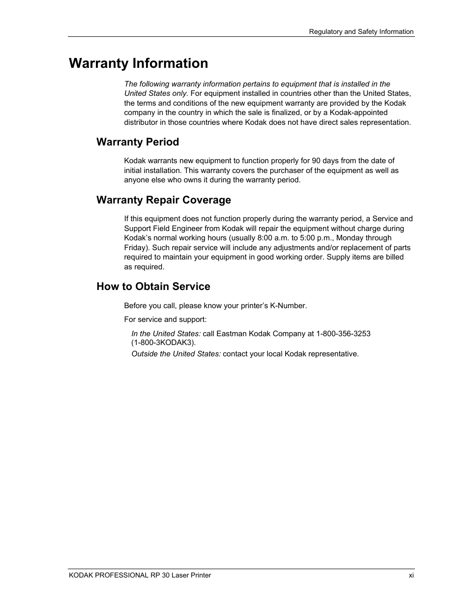 Warranty information, Warranty period, Warranty repair coverage | How to obtain service | Kodak RP 30 User Manual | Page 14 / 235