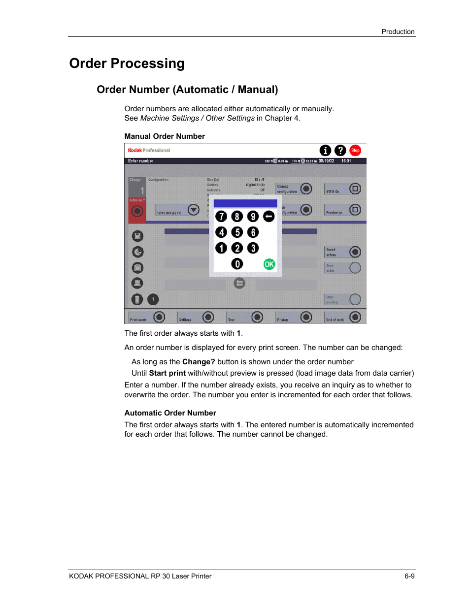 Order processing, Order number (automatic / manual), Manual order number | Automatic order number, Order processing -9, Order number (automatic / manual) -9, Manual order number -9, Automatic order number -9 | Kodak RP 30 User Manual | Page 153 / 235